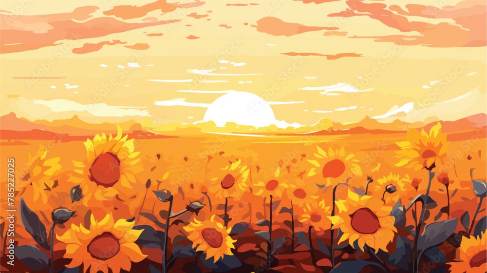 A vibrant sunset over a field of sunflowers