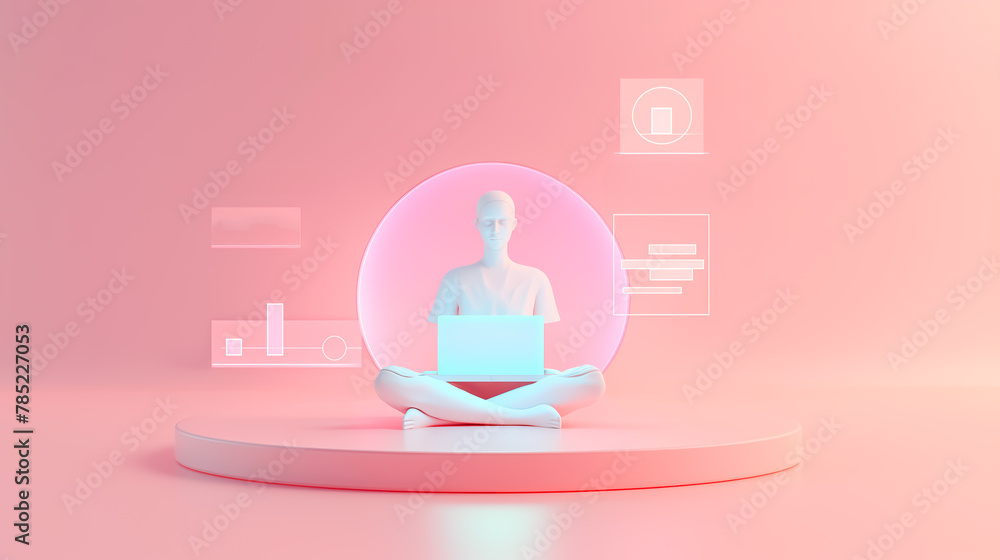 A 3D figure in meditation with a laptop, amidst abstract digital elements. A 3D figure in meditation with a laptop, amidst abstract digital elements.
