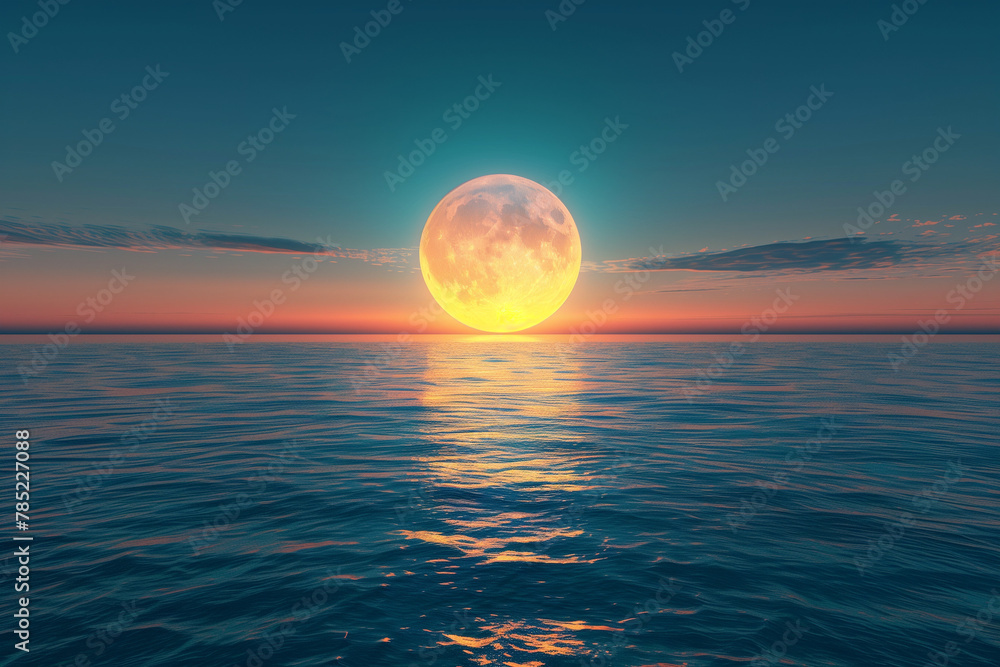 3D rendering of the sun setting over an ocean with reflection on the water