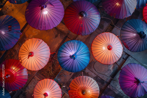 Cambodia party with coloufull umbrellas and a lot of textures. , Top view.