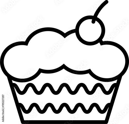 Waffle basket with airy dessert, birthday party symbol. Outline of festive fruit cake for design of children entertainment center. Simple linear icon isolated on white background (ID: 785227287)