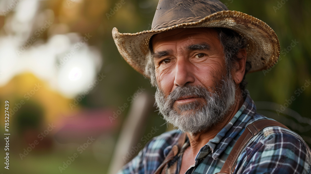 A man with a cowboy hat and beard is standing in a field. He is wearing a blue plaid shirt and a straw hat. Portrait of a middle aged male farmer A man with a cowboy hat and beard is standing in a field. He is wearing a blue plaid shirt and a straw hat. Portrait of a middle aged male farmer