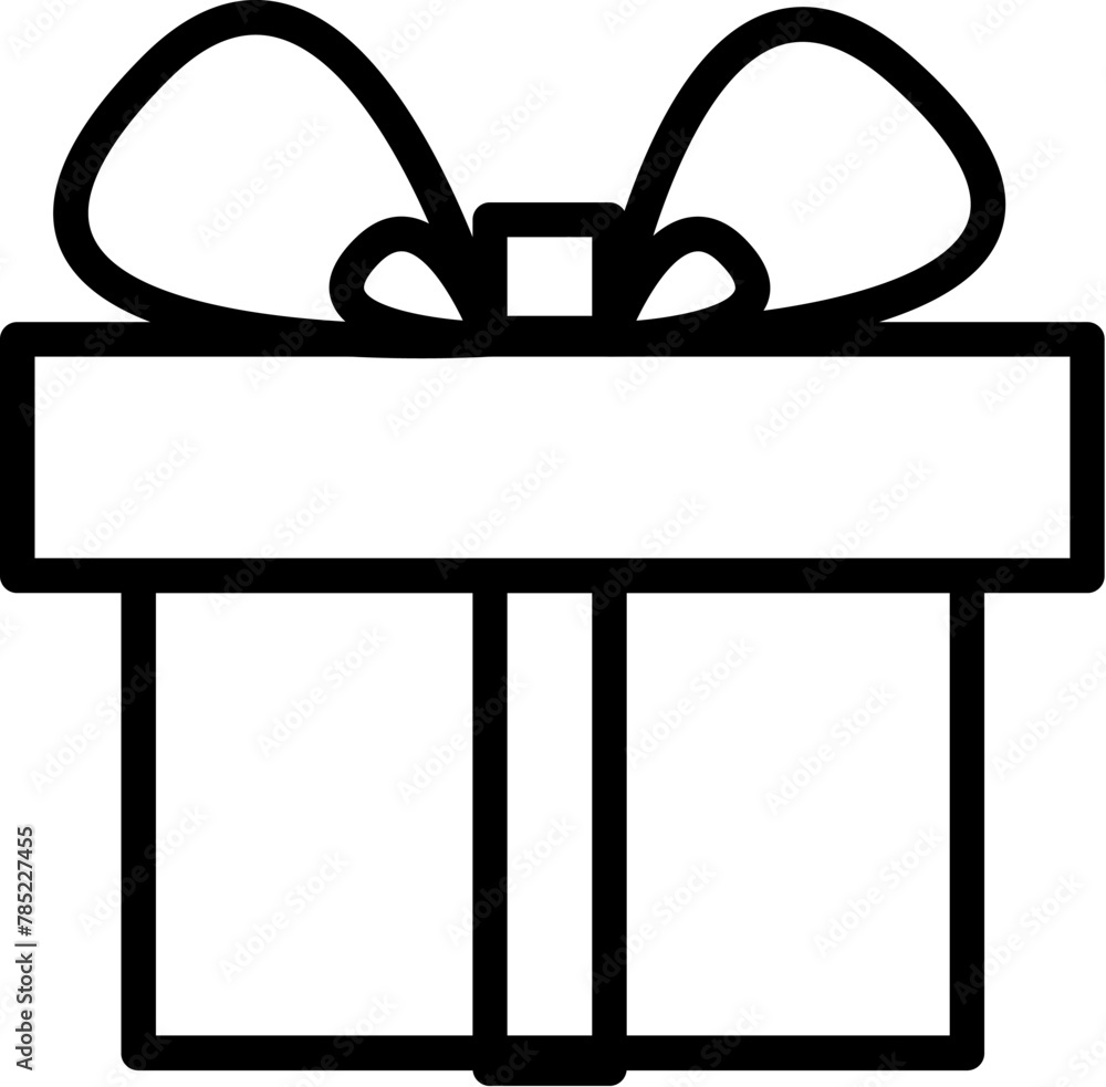 Closed gift box with surprise tied with ribbon and bow, birthday party symbol. Outline of festive gift box for design of children entertainment center. Simple linear icon isolated on white background