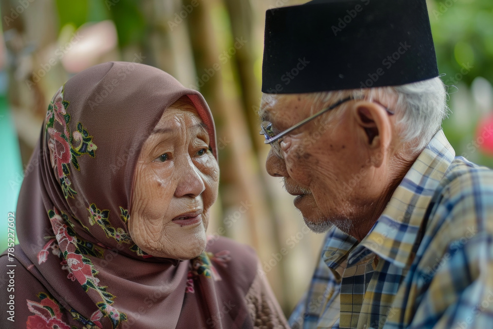 Fototapeta premium An elderly Malay couple looking at each other