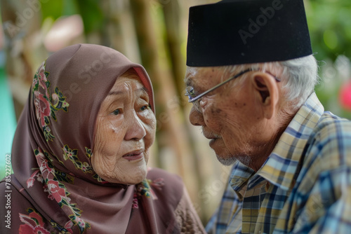 An elderly Malay couple looking at each other