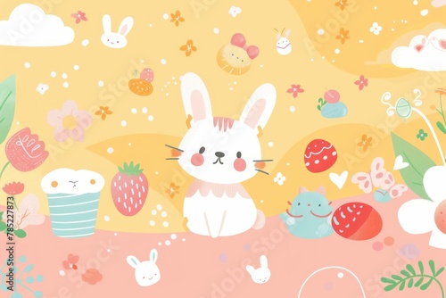 A cartoon rabbit is sitting on a pink background with a bunch of Easter eggs