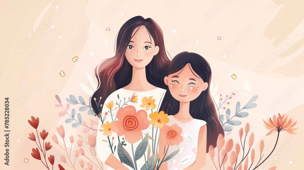 Portrait of happy mother and daughter holding flowers . Happy Mother's day Image.
Portrait of happy mother and daughter holding flowers . Happy Mother's day Image.