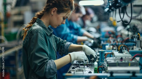 Assembly line workers adjusting machinery settings