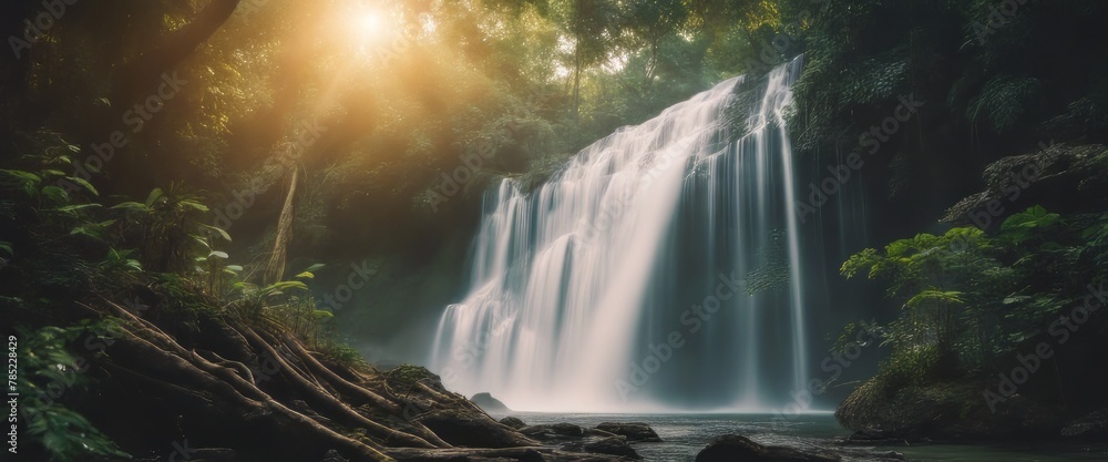 Amazing waterfall hidden in tropical rainforest jungle in the rays of the rising sun
