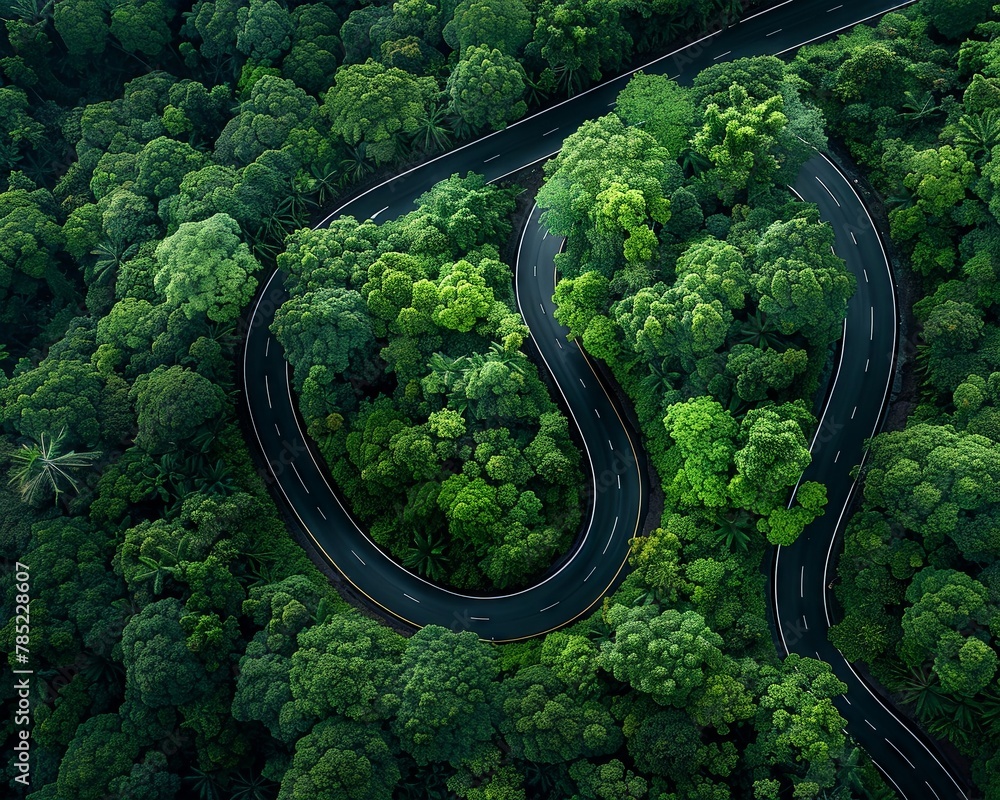 An aerial view captures a winding road slicing through a dense forest The sinuous asphalt