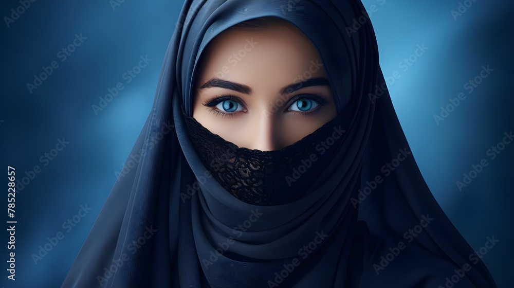 Portrait of a veiled woman wearing burqa isolated on blue background Portrait of a veiled woman wearing burqa isolated on blue background