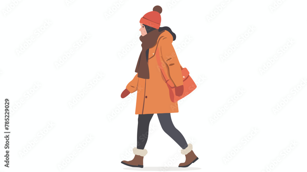 A girl walks down the street in winter clothes. flat vector