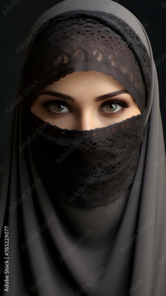 Portrait of a veiled woman wearing burqa isolated on grey background Portrait of a veiled woman wearing burqa isolated on grey background