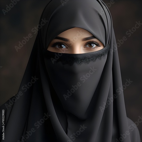 Portrait of a veiled woman wearing burqa isolated on grey background