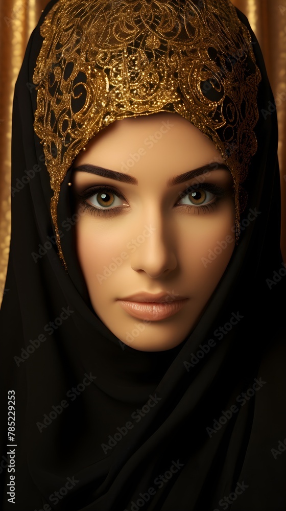 Portrait of a veiled woman wearing burqa isolated on gold background Portrait of a veiled woman wearing burqa isolated on gold background