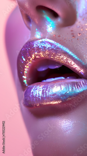 Close up holographic lipstick on woman's lips, glossy make up