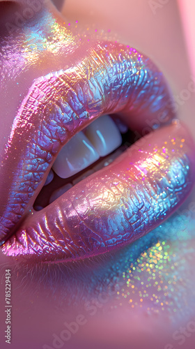 Close up holographic lipstick on woman's lips, glossy make up