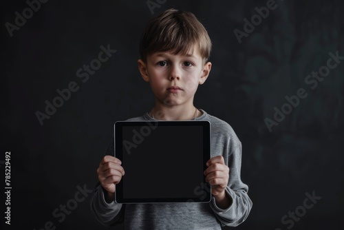 Digital mockup over a shoulder of a teen boy holding a tablet with an entirely black screen