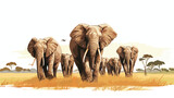 A group of elephants walking through a savanna flat vector