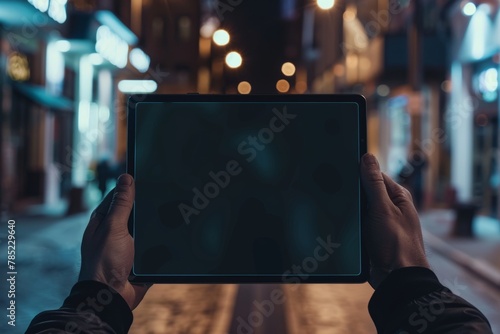 Digital mockup over a shoulder of a man holding a tablet with an entirely black screen