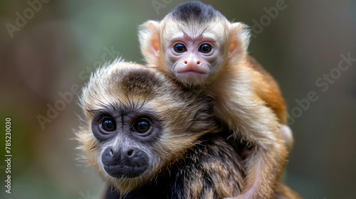 A baby capuchin money on the background of the mother