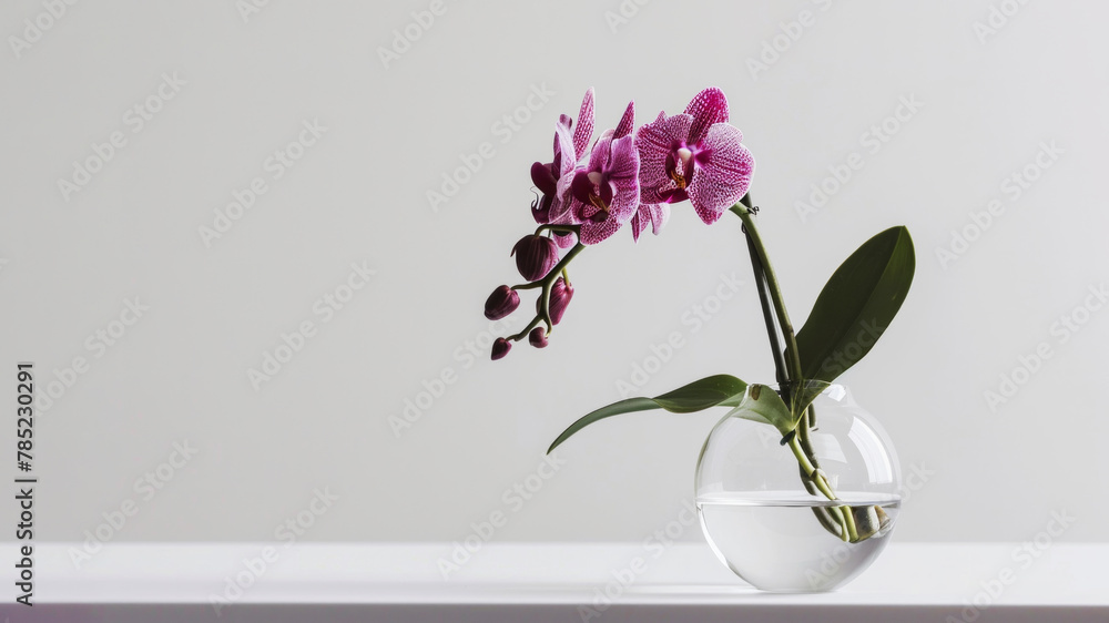 A single graceful violet orchid flower in a clear glass vase set against a white background with empty cope space. Elegant home decor