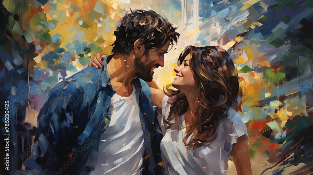 a couples exploration of hidden urban gems, intertwining their journey with the essence of Impressionism through colorful strokes and soft light play in acrylic medium