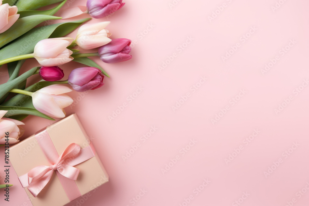 Fototapeta premium Spring greeting card with gift boxes and tulips on pink background for Mother's Day. 