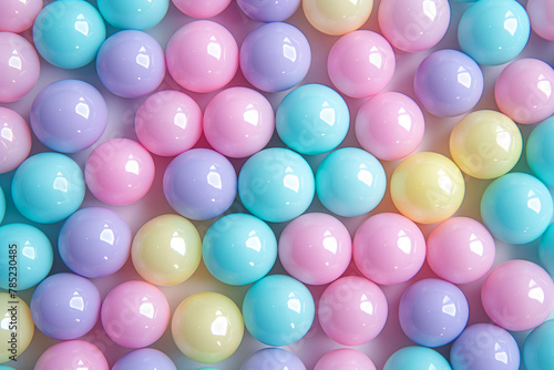 A closeup view of a variety of pastel color glossy candy balls top view flat lay. Birthday party celebration abstract background