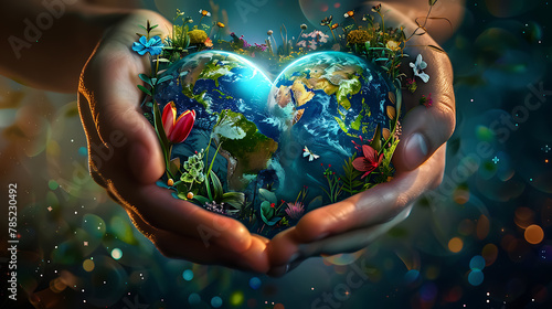 Close up of hands holding planet earth with flowers and butterflies. 