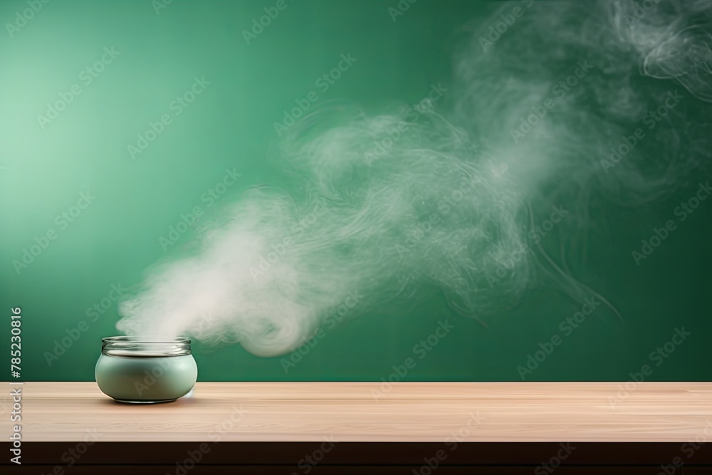 mint green background with a wooden table and smoke. Space for product presentation, studio shot, photorealistic, high resolution