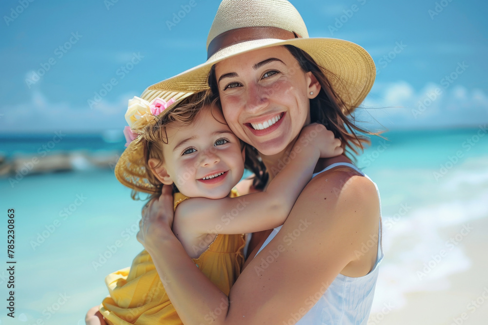 Joven madre de 30 años con sombrero de paja sosteniendo en brazos a su pequeña hija de dos años con fondo de orilla del mar en una playa paradisiaca