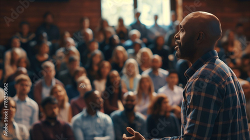 CEO announcing company-wide changes to employees in a town hall meeting, with CEO's confident expression and the engaged audience, representing clear communication and leadership visibility