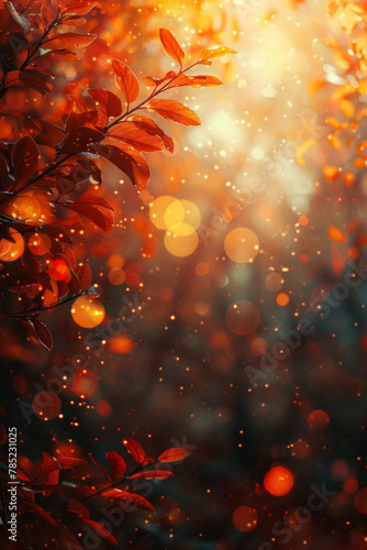 Blurred fall season nature background with bokeh, bright center spotlight, and subtle vignette border.