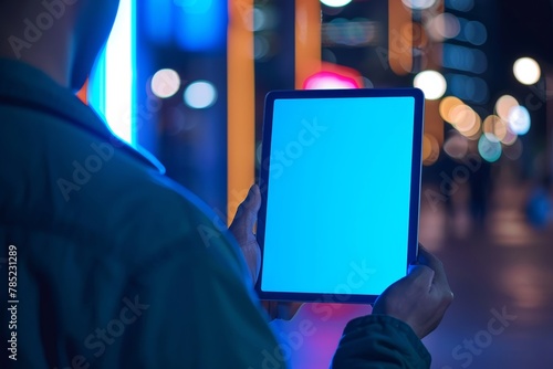 Digital mockup over a shoulder of a man holding a tablet with a fully blue screen