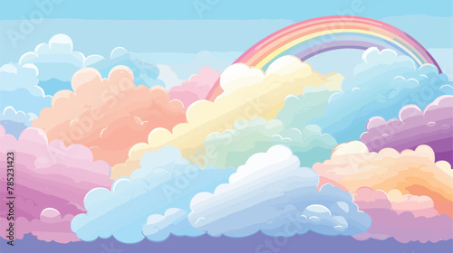 A multicolored rainbow of pastel colors with clouds. vector