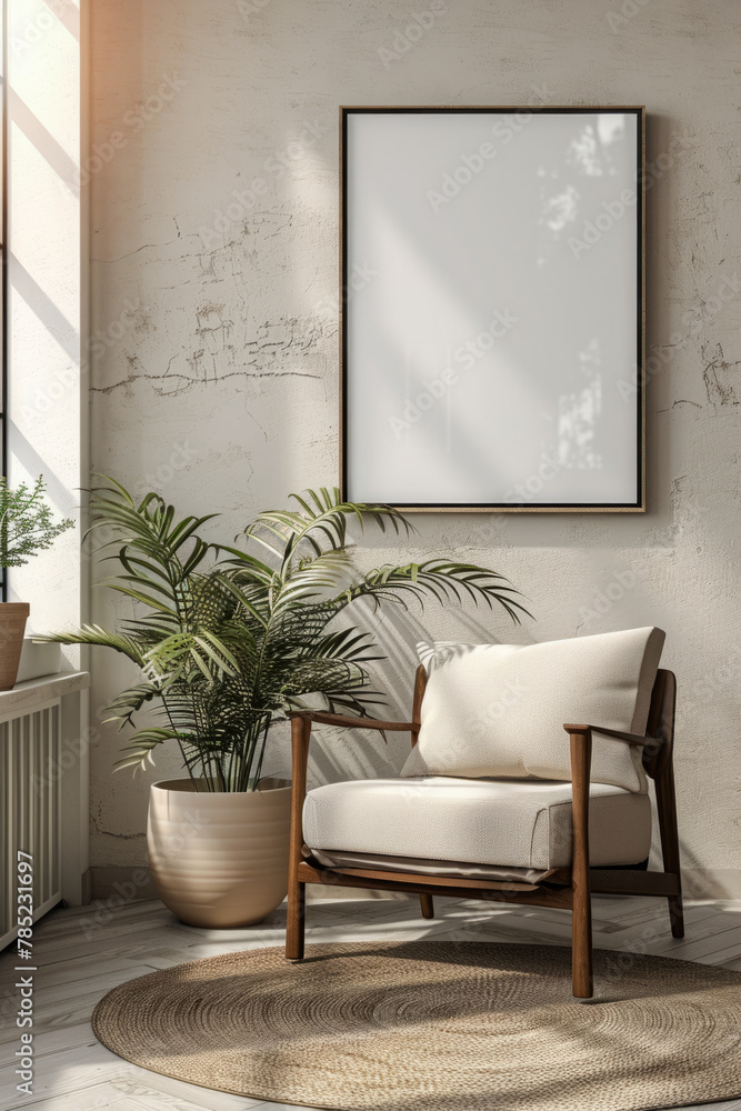 A modern living room with beige sofa, armchair, and blank poster frame against a white wall, showcasing contemporary interior design. A modern living room with beige sofa, armchair, and blank poster frame against a white wall, showcasing contemporary interior design.