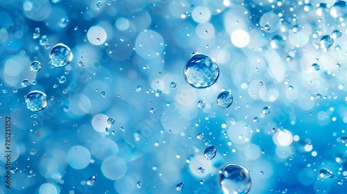 Floating Water Droplets with Bokeh Blue Background