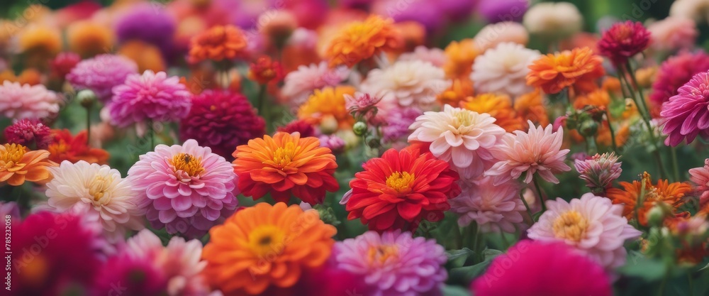 Beautiful colorful zinnia and dahlia flowers in full bloom, close up. Natural summery texture for background Beautiful colorful zinnia and dahlia flowers in full bloom, close up. Natural summery texture for background