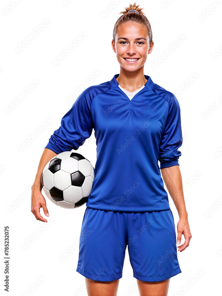 Young Woman soccer player portrait isolated on transparent background. Happy Woman footballer. AI Generative