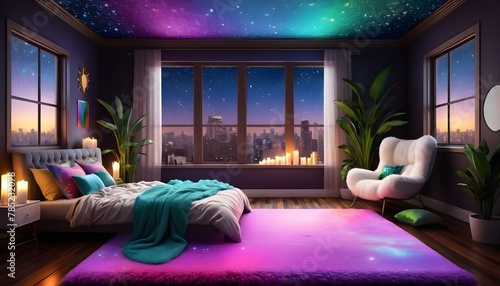 glitter bedroom, big fluffy rug, colorful, dark wood floor, big window night time stars, star ceiling, fluffy pillows, plants, candles, fluffy lounge chair