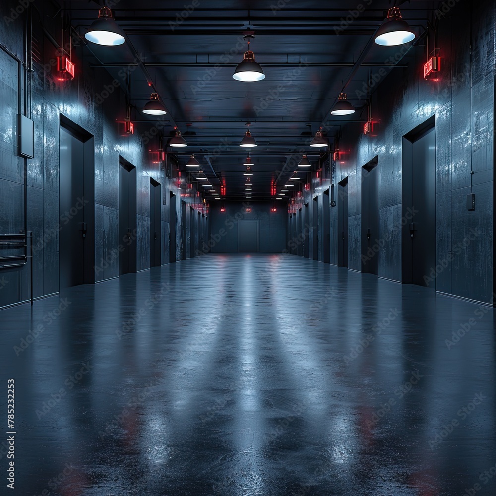 A dark and mysterious hallway with red lights