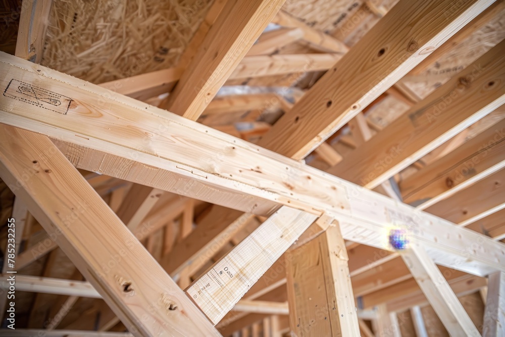 Closeup of wooden beams in the ceiling, construction site of a new house, building structure and timber frame on roof. Closeup of wooden beams in the ceiling, construction site of a new house, building structure and timber frame on roof.