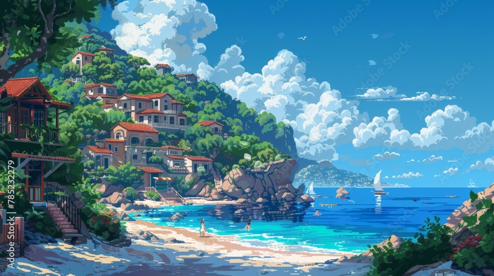 A picturesque pixel art landscape of a serene beach, azure waters, and cozy villas nestled amidst lush greenery, evoking an 80s retro vibe.