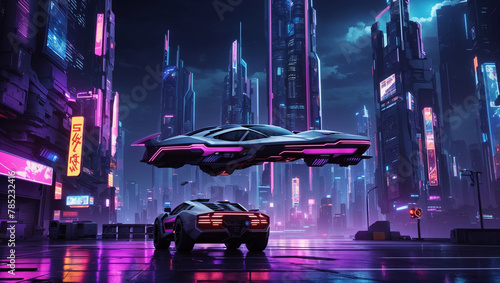 A futuristic car is parked in a city at night