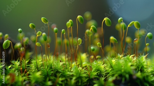 Close-up of vibrant green moss spores, showcasing the intricate details and beauty of plant life and nature's growth.