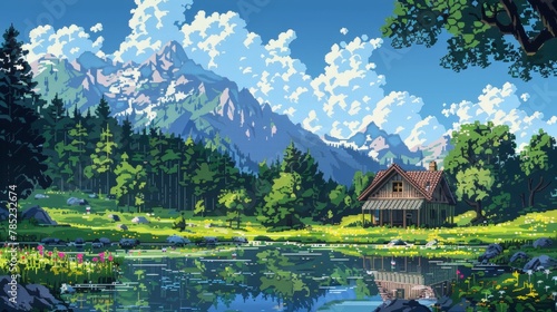 A serene pixel art landscape featuring a cozy cabin by a reflective lake, surrounded by lush greenery and towering mountains under a cloudy sky. © Valeriy