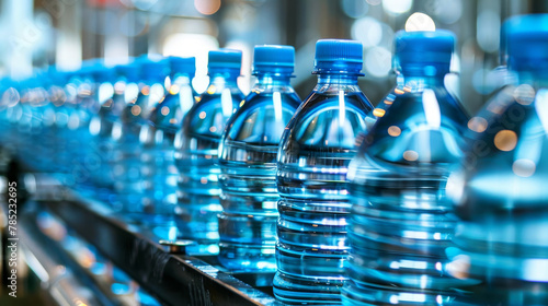 Rows of plastic water bottles with blue caps on a conveyor belt, showcasing mass production and packaging in a beverage factory.