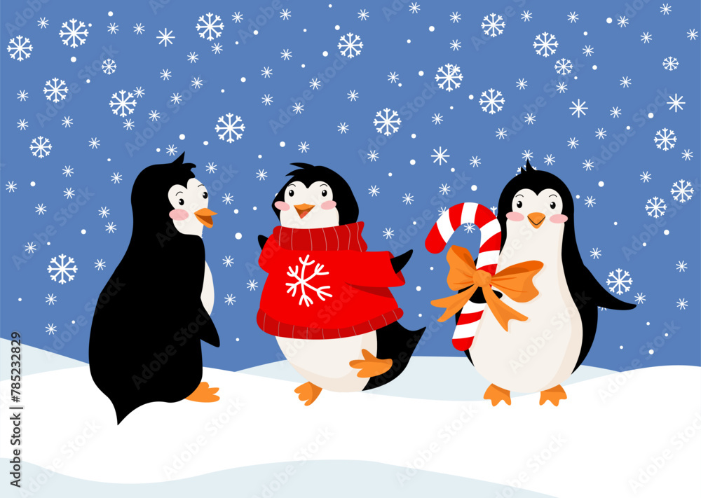 Fototapeta premium Holiday card with funny penguins and snowflakes on ice. Cute winter character in a sweater with candies in different poses. Banner concept for congratulations on winter holidays