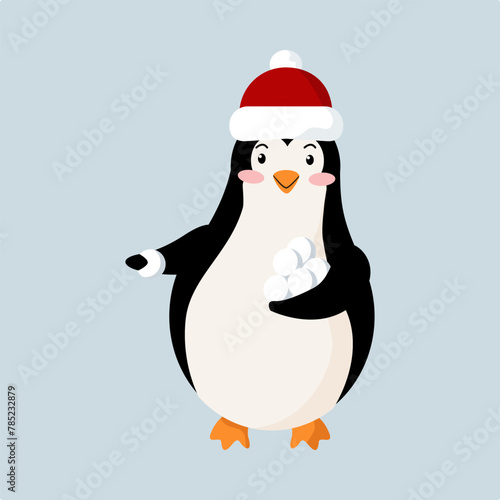 A happy penguin in a red cap holds a large mountain of snowballs in his hands. The concept of a happy holiday and a fun game of snowballs. New Year or Christmas design character on t-shirts, posters